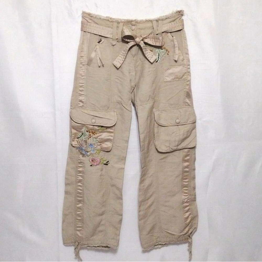 VTG Y2K Cover Charge Grunge Tan Floral Embroidered Low Waist Cargo Pants Sz 30